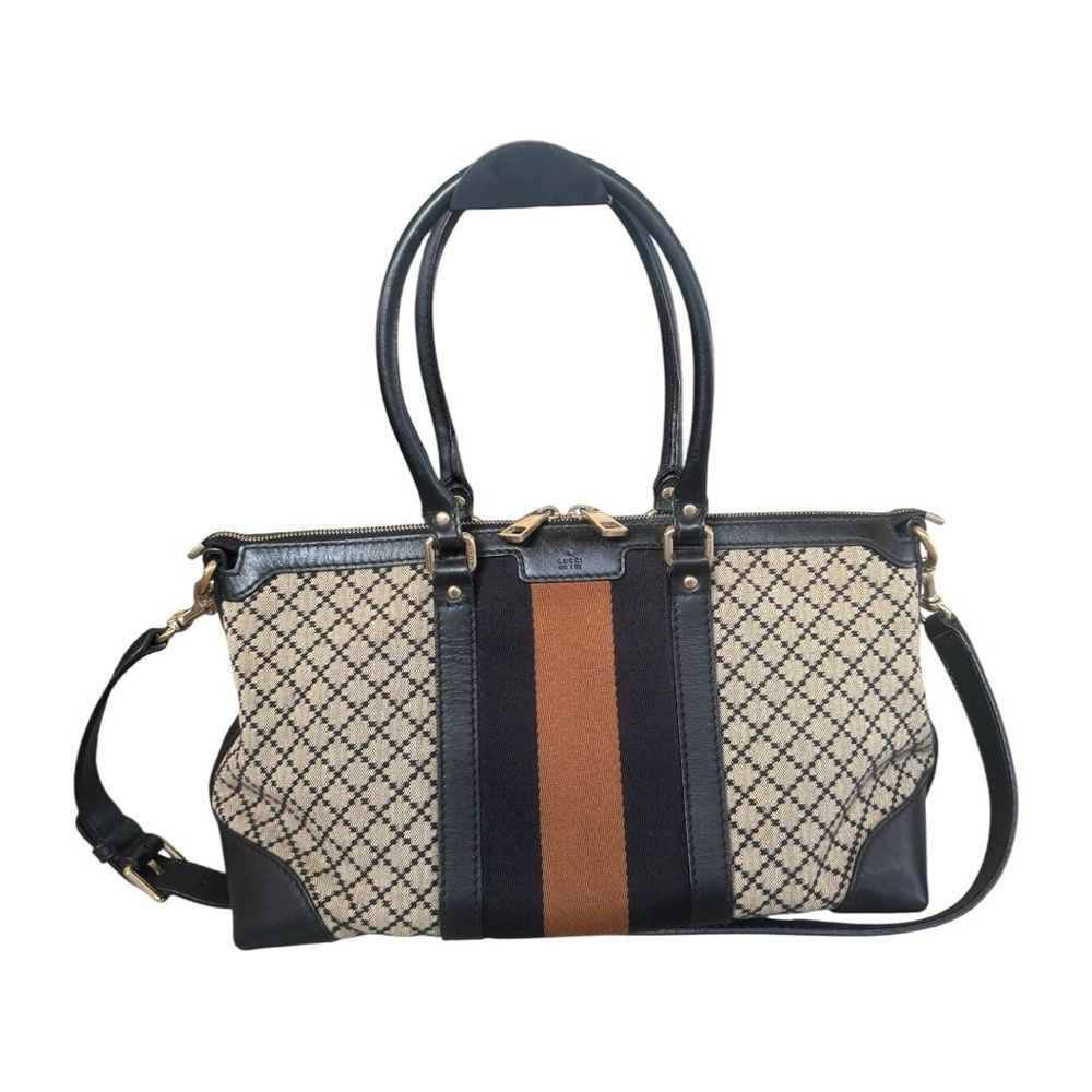 Auth Gucci Black Beige Diamanté Canvas Leather Trim Web 2way Joy Tote Bag - Picture 10 of 11